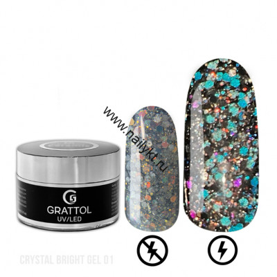Grattol Gel Crystal Bright 01 - гель со светоотражающим глиттером, 15 мл